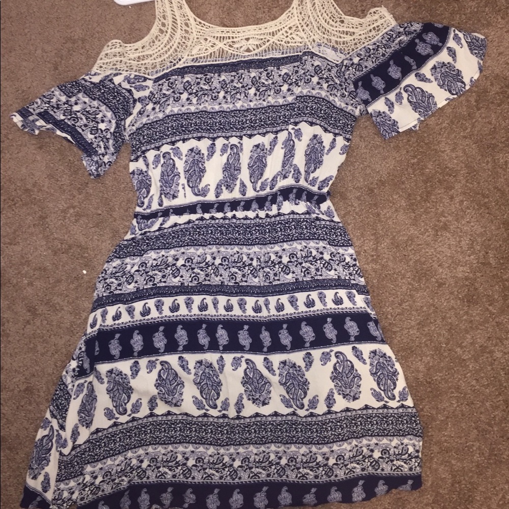 blue and cream off the shoulder dress